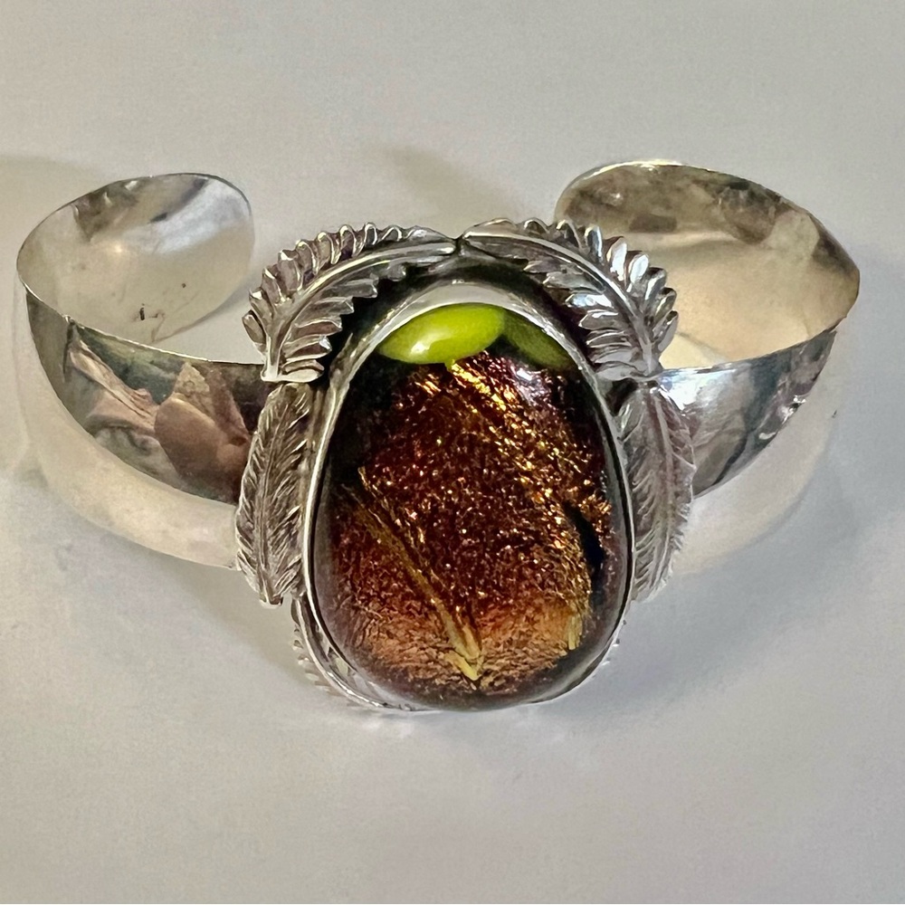 Sterling Silver Dichroic Glass Cuff Bracelet with Leaf Design
